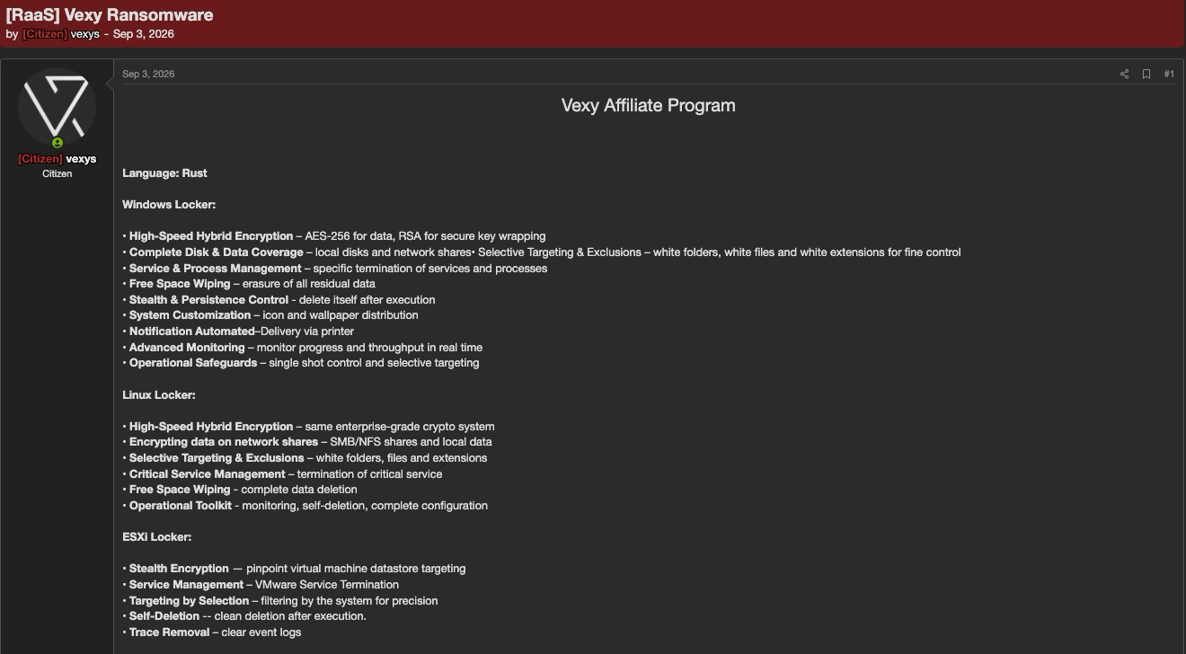 Underground forum post titled '[RaaS] Vexy Ransomware' by user vexys, posted Sep 3, 2026, headed 'Vexy Affiliate Program' and listing Rust-based Windows, Linux and ESXi locker features including high-speed hybrid encryption, disk and network-share coverage, selective targeting and exclusions, service and process management, free-space wiping, stealth/persistence control, system customization, automated printer notification and monitoring.