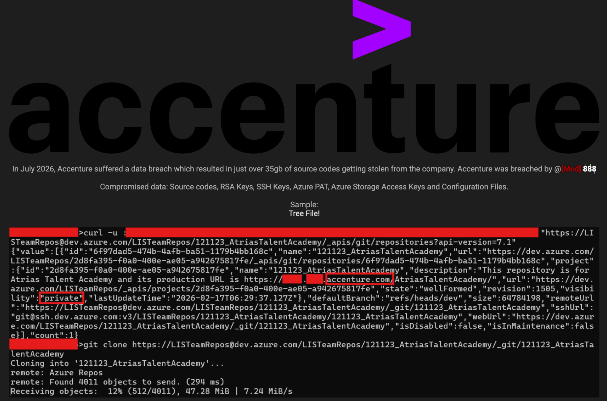 Full claim summary screenshot from the forum post showing the Accenture wordmark watermark, the claim text about 35gb of source code being stolen and the list of compromised data, and a redacted terminal block containing a curl request to the Azure DevOps API, a JSON repository metadata response, and a git clone command with partial clone progress output.