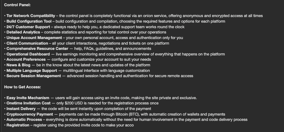 Underground forum post section titled 'Control Panel' listing Tor network compatibility, build configuration tool, 24/7 customer support, detailed analytics, unique account management, client communication, comprehensive resource center, operational dashboard, account preferences, news and blog, multiple language support, and secure session management; followed by a 'How to Get Access' section describing an easy invite mechanism, a one-time $200 USD invitation cost, instant delivery, cryptocurrency (Bitcoin) payment, a fully automatic process, and registration via invite code.