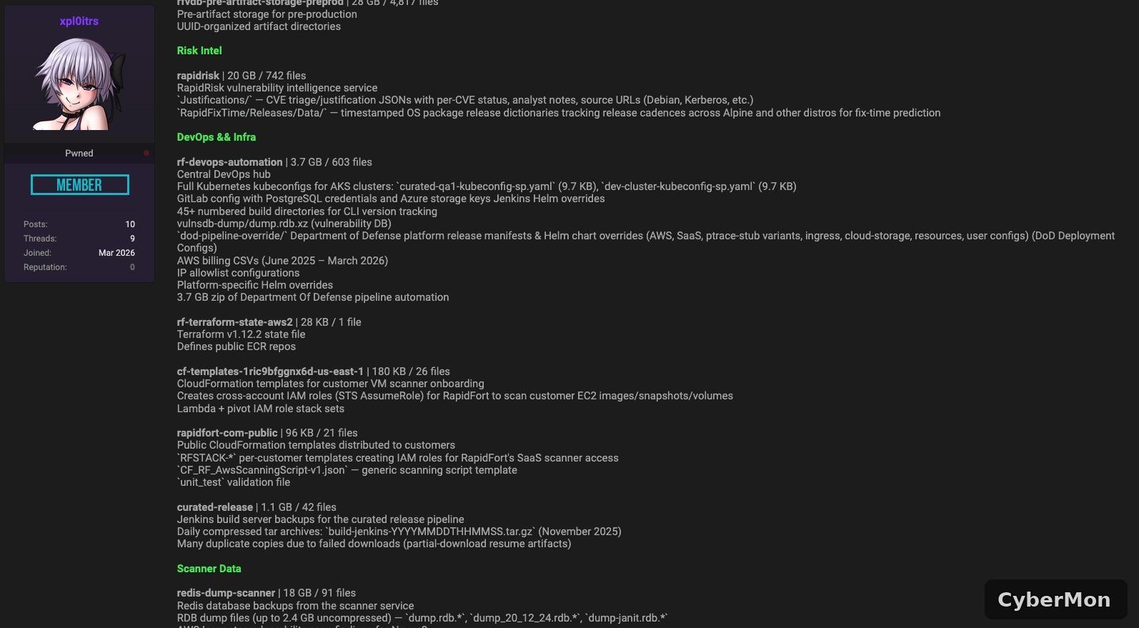 Forum post section listing rf-devops-automation (3.7GB, 603 files) with full Kubernetes kubeconfigs for AKS clusters, GitLab config with PostgreSQL credentials and Azure storage keys, Jenkins Helm overrides, a DoD pipeline override directory, and AWS billing CSVs; also rf-terraform-state-aws2, cf-templates for customer VM scanner onboarding with cross-account IAM roles, rapidfort-com-public CloudFormation templates, and curated-release Jenkins build server backups.