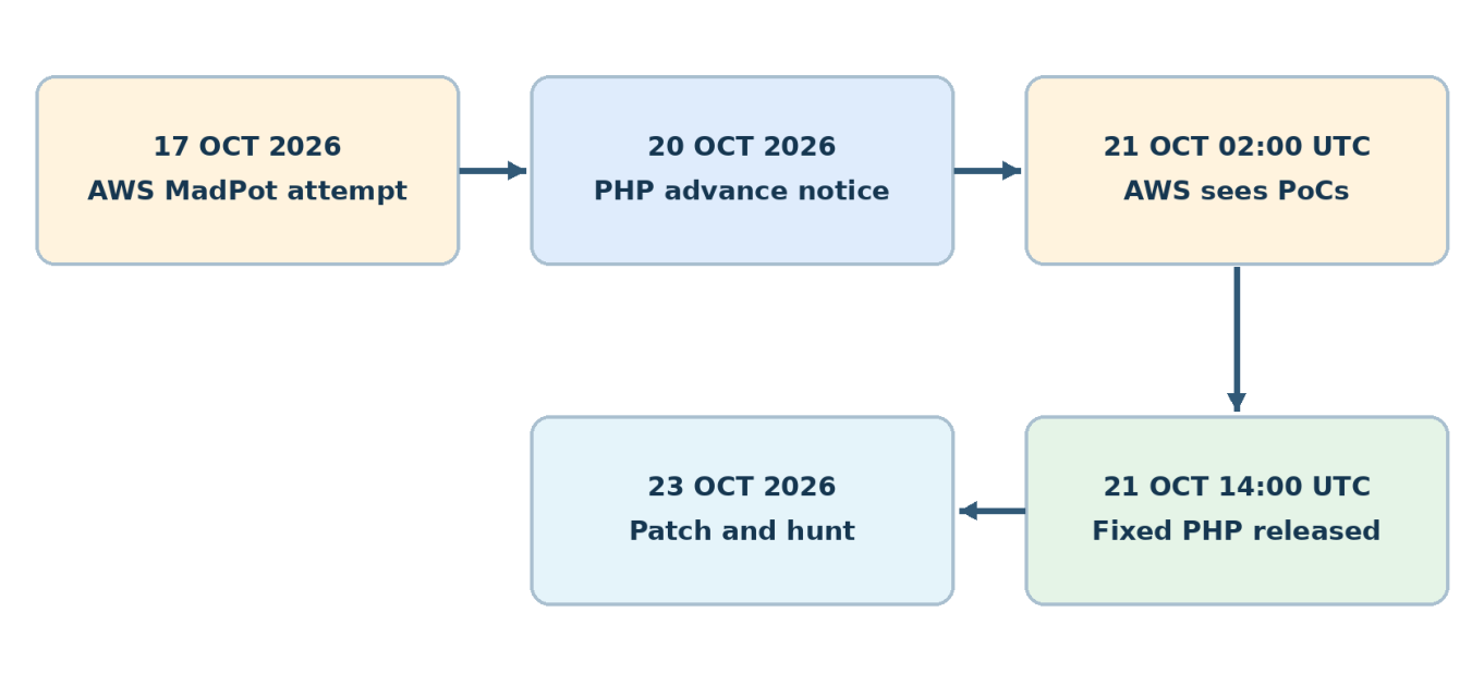 Timeline: 17 Oct 2026 AWS MadPot attempt, then 20 Oct 2026 PHP advance notice, then 21 Oct 02:00 UTC AWS sees PoCs, then 21 Oct 14:00 UTC fixed PHP released, then 23 Oct 2026 patch and hunt.