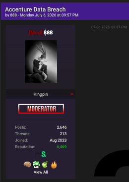 Forum profile panel for user 888, showing a [Mod] tag, an avatar image, the title 'Kingpin', a red MODERATOR badge, and stats: 2,646 posts, 213 threads, joined August 2023, reputation 4,469.