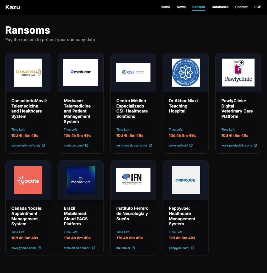 Kazu-branded extortion 'Ransoms' leak site listing multiple healthcare-sector organisations with countdown timers, including ConsultorioMovil (Telemedicine, Mexico), Meducar (Telemedicine), Centro Medico Especializado OSI (Healthcare Solutions), Dr Akbar Niazi Teaching Hospital, PawlyClinic (Digital Veterinary Care), Yocale (Canada Appointment Management), Mobilemed (Brazil Cloud PACS Platform), Instituto Ferrero de Neurologia y Sueno, and PappyJoe (Healthcare Management System).