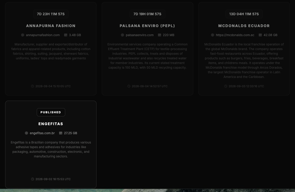 Vexy leak-site 'Leaked Data' grid continued, showing four more victim cards: Annapurna Fashion (3.48 GB, annapurnafashion.com), Palsana Enviro / PEPL (220 MB, palsanaenviro.com), McDonalds Ecuador (42.08 GB, https://mcdonalds.com.ec), and Engefitas, marked 'PUBLISHED' (27.25 GB, engefitas.com.br).