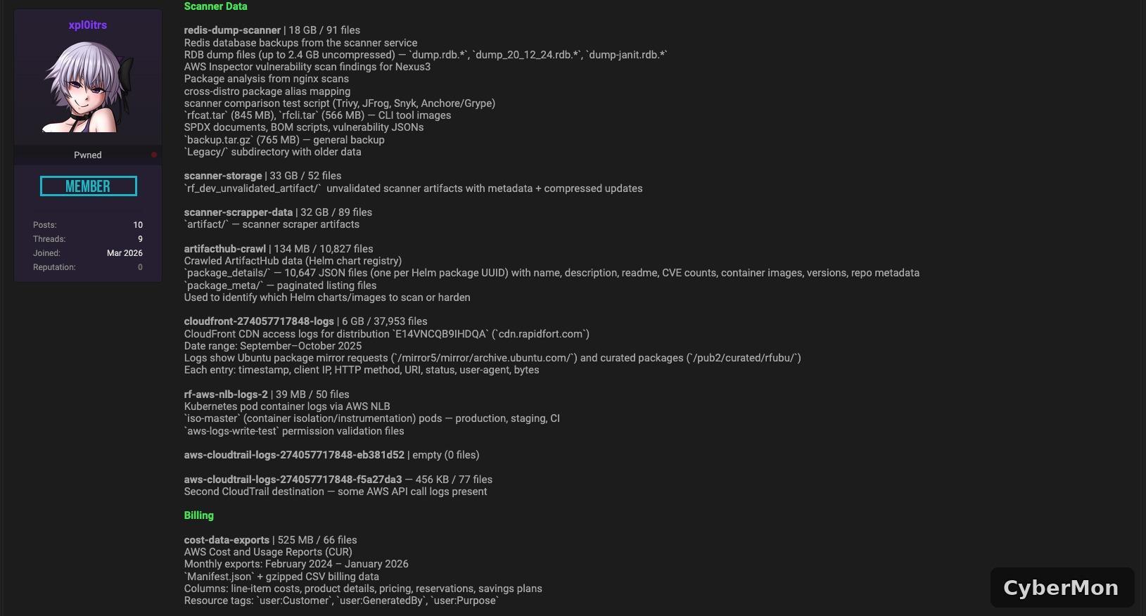 Forum post section 'Scanner Data' listing redis-dump-scanner (18GB Redis backup with AWS Inspector findings and scanner-comparison scripts), scanner-storage, scanner-scraper-data, artifacthub-crawl (crawled ArtifactHub Helm chart registry data), cloudfront-274057717848-logs (6GB CDN access logs for cdn.rapidfort.com), rf-aws-nlb-logs-2, AWS CloudTrail log buckets, and a 'Billing' section listing cost-data-exports with AWS Cost and Usage Reports from February 2024 to January 2026.