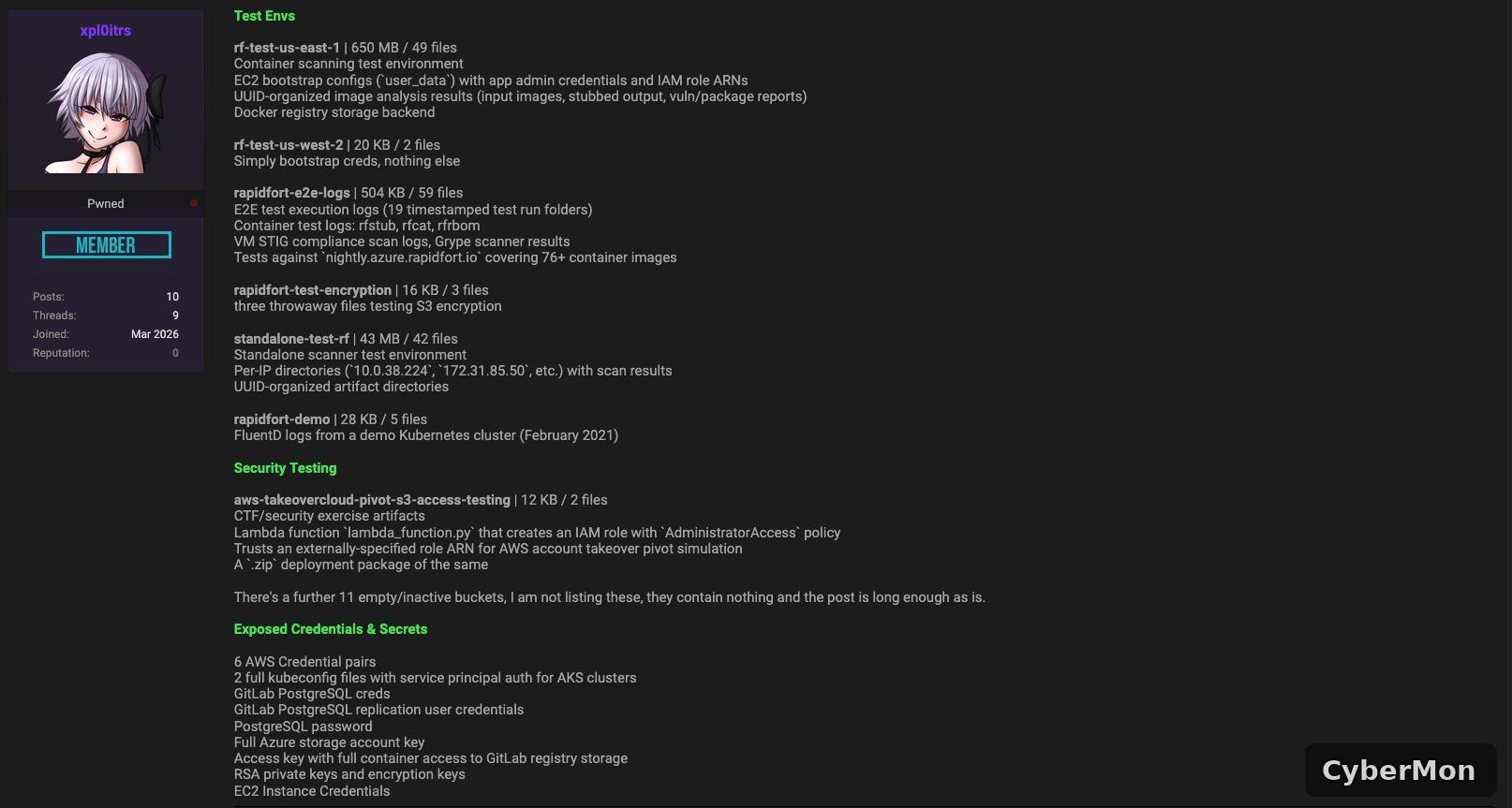 Forum post 'Test Envs' section listing rf-test-us-east-1, rf-test-us-west-2, rapidfort-e2e-logs, rapidfort-test-encryption, standalone-test-rf and rapidfort-demo, followed by a 'Security Testing' section describing an AWS account-takeover pivot-simulation Lambda function that creates an IAM role with AdministratorAccess, and a final 'Exposed Credentials & Secrets' section listing 6 AWS credential pairs, 2 full kubeconfig files with service-principal auth for AKS clusters, GitLab PostgreSQL credentials, a PostgreSQL password, a full Azure storage-account key, an access key with full container access to GitLab registry storage, and RSA private keys and encryption keys.
