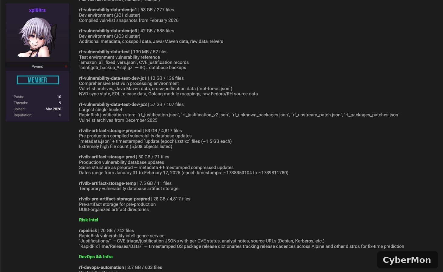 Continuation of the forum post listing vulnerability-database buckets: rf-vulnerability-data-dev-jc1, rf-vulnerability-data-dev-jc3, rf-vulnerability-data-test, rf-vulnerability-data-test-dev-jc1, rf-vulnerability-data-test-dev-jc3, rfvdb-artifact-storage-preprod, rfvdb-artifact-storage-prod, rfvdb-artifact-storage-temp, rfvdb-pre-artifact-storage-preprod, plus a 'Risk Intel' section listing the rapidrisk bucket and RapidRisk analyst justification and release-cadence data, and the start of a 'DevOps && Infra' section.